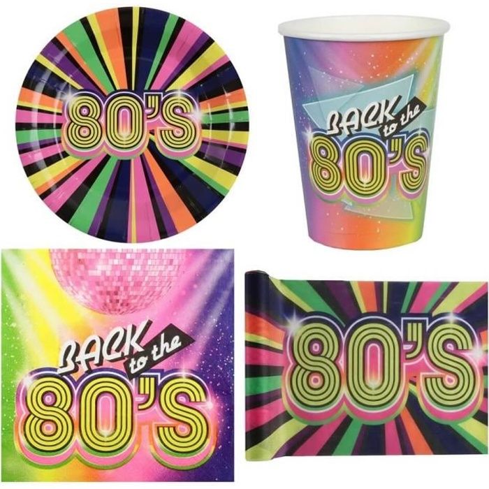 1 Pack décoration vaisselle jetable année 80 multicolore de 10 personnes.