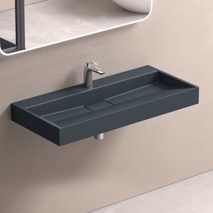 Sogood Lavabo suspendu avec bonde vasque à poser gris noir anthracite mat 100x46x11cm évier Colossum19-1000 avec revêtement nano