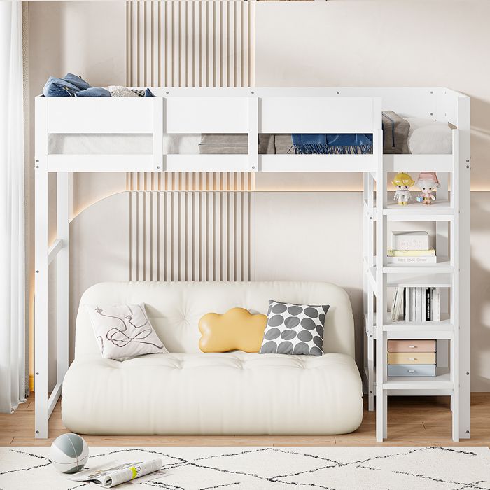 Lit Mezzanine surélevé Lit 90x200 cm cadre de lit en pin massif Lit enfant Blanc Lit Mezzanine surélevé Lit 90x200 cm cadre de lit en pin massif Lit enfant Blanc