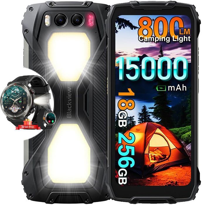 Blackview BV7300 smartphone incassable 667 256 Go 50 MP 15 000 mAh + montre W50 Pro - Noir