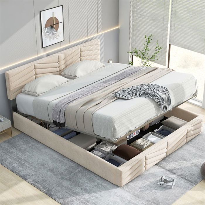 Lit adulte 140x190 cm - Coffre de rangement - Lit double avec sommier à lattes - Tête de lit réglable - Velours Beige