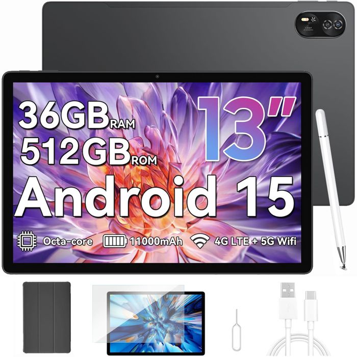 Blackview Mega 8 Tablette Tactile 13.0 90Hz Écran 36 Go + 512 Go 11000mAh 50MP Android 15 Dual SIM 4G Tablette PC GPS – Noir