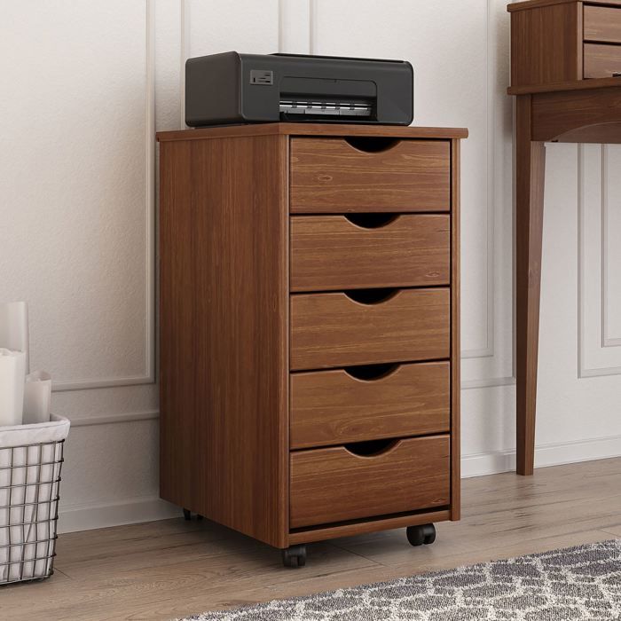 Caisson de bureau LAGOS L 35 cm en bois massif meuble de rangement sur roulettes avec 5 tiroirs coloris brun foncé Caisson de bureau LAGOS L 35 cm en bois massif meuble de rangement sur roulettes avec 5 tiroirs coloris brun foncé
