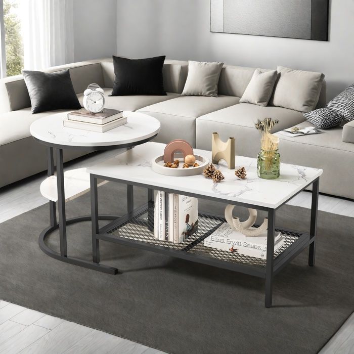 Table basse - TANANT - Ronde et Rectangle - Lot de 2 - Plateau MDF effet marbre - Pieds métal noir - Modulable