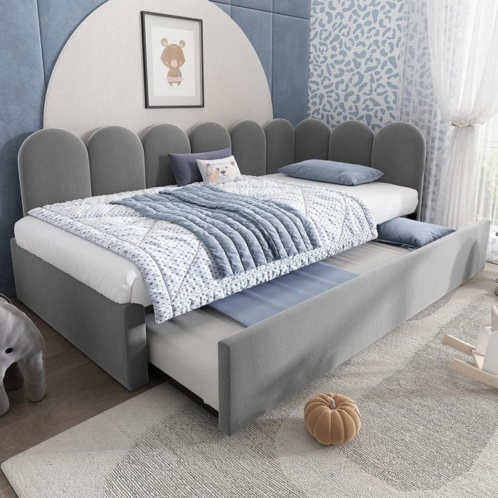 Lit enfant 90x200cm + lit Gigogne 90x190cm avec sommier à lattes Velours Gris