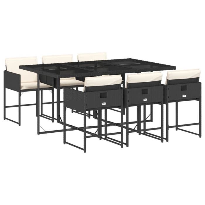 JILI Ensemble à manger de jardin - coussins - 7pcs - anti-intempéries - Noir Résine tressée LLL651