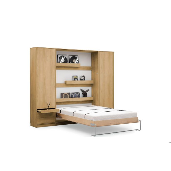 Lit escamotable vertical 120 x 200 cm avec 2 armoires et 1 table de chevet ouverture à ressort- bois - COZY