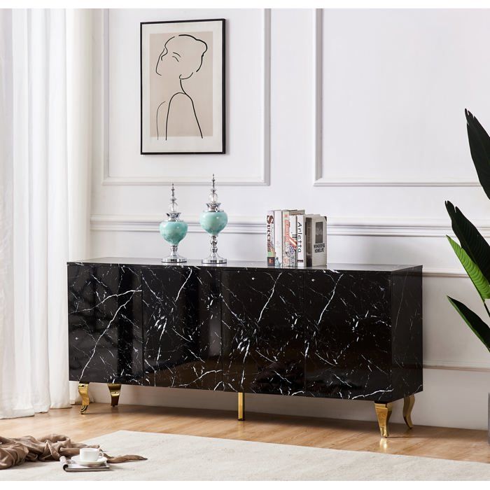 Buffet BAROQUE – Laqué Marbre Noir Pieds Doré – 4 Portes – 180x40x80 cm