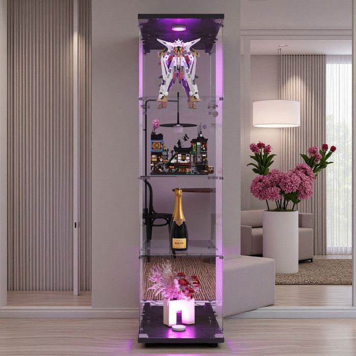 Vitrine Lumineuse LED - Verre Transparent Miroir - 4 Étagères - Cadre Noir - Sécurisée