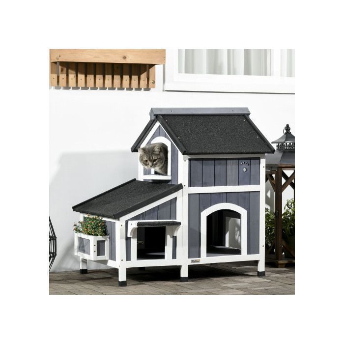 Comparer les prix de maison pour chats en bois de sapin 2 étages niche pour chats avec plusieurs entrées maison pour petits animaux résistante aux i