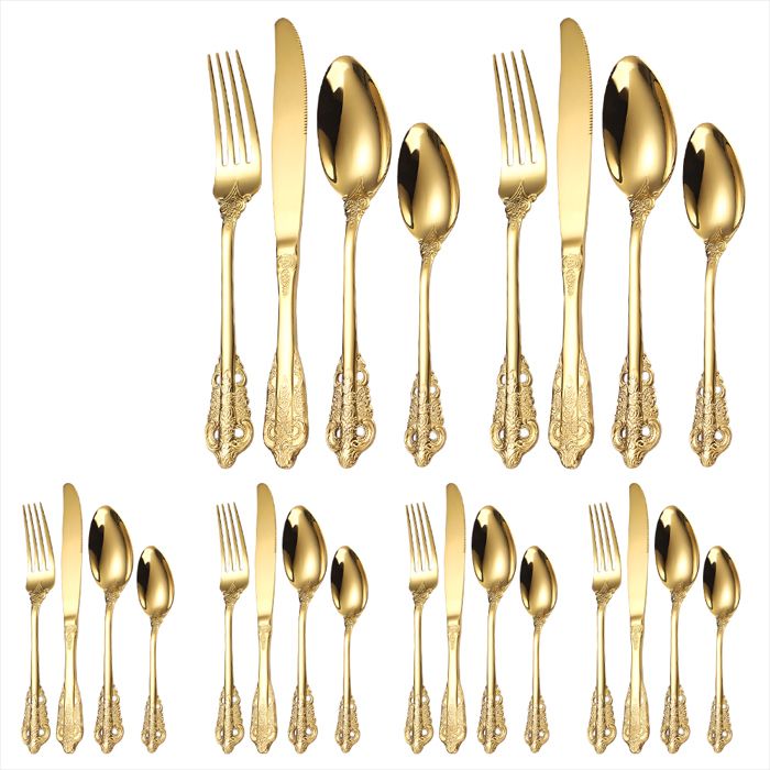 Ensemble de couverts - HOME SAFETY - Style royal antique - 24 pièces - Acier inoxydable 18/10 - Doré