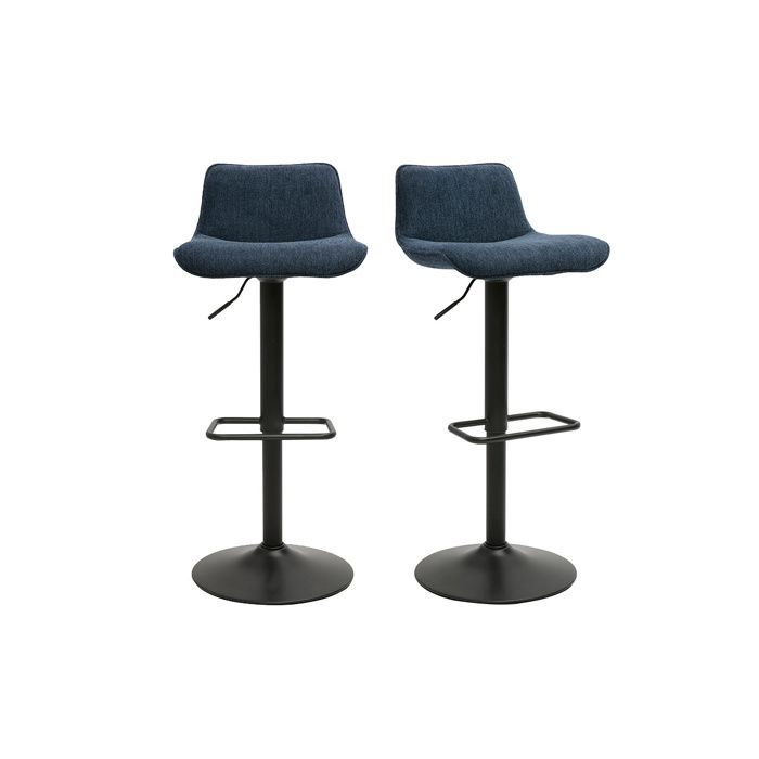 Miliboo - Tabourets de bar réglables pivotants 360° en tissu effet velours texturé bleu foncé et métal noir (lot de 2) BOOST