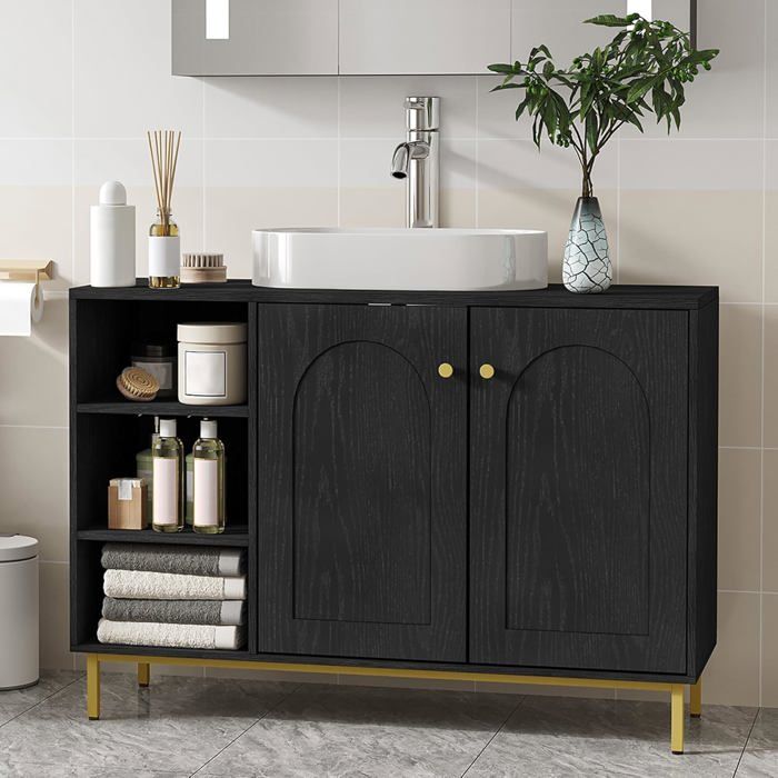 Meuble sous Lavabo Meuble de Rangement pour Salle de Bain pour Évier avec Étagère Ouverte et 2 Portes Étagère RéglableNoir