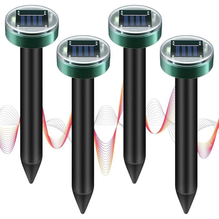 Lot de 4 répulsifs solaires anti-taupes piquets soniques pour pelouse jardin ferme extérieurrépulsif ultrasonique pour