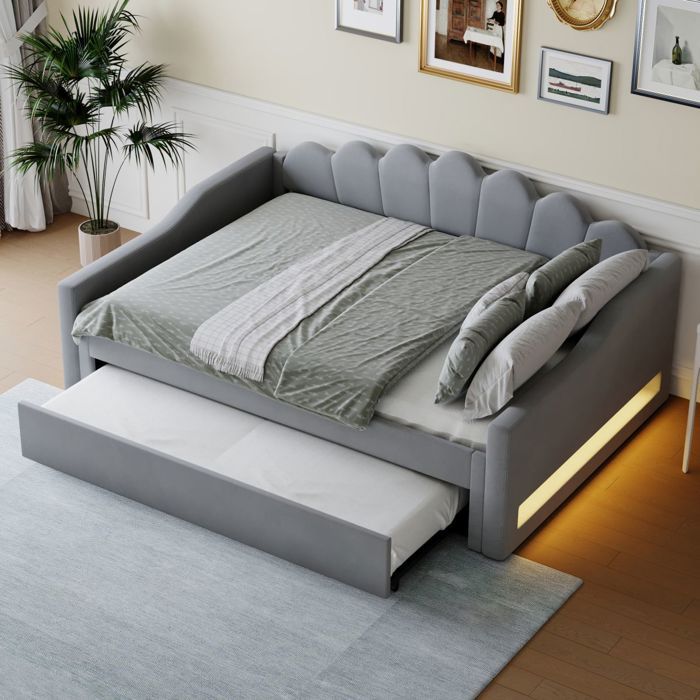 Lit Double Lit gigogne 140x200 cm avec matelas confortable ceinture LED intégrée et rangement design moderne gris - Sans Matelas Lit Double Lit gigogne 140x200 cm avec matelas confortable ceinture LED intégrée et rangement design moderne gris - Sans Matelas