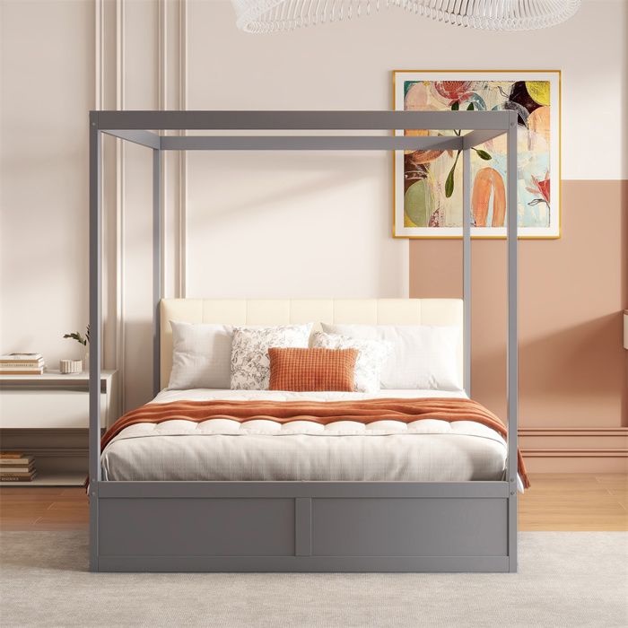 Lit à baldaquin 140x200 cm en bois gris avec grand rangement sommier inclus et tête moelleuse