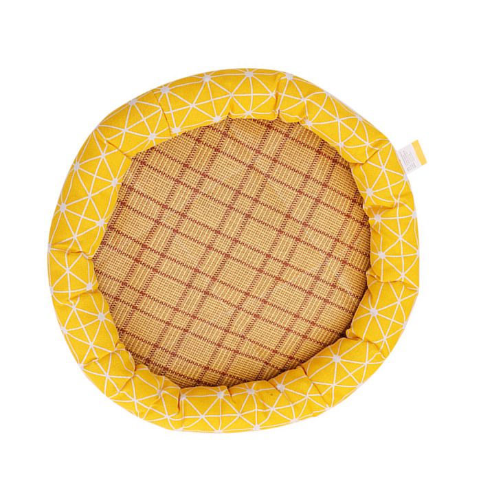 Lit rafraîchissant rond pour animaux de compagnie imprimé dessin animé tapis dété respirant pour chiens et chats grille jaune