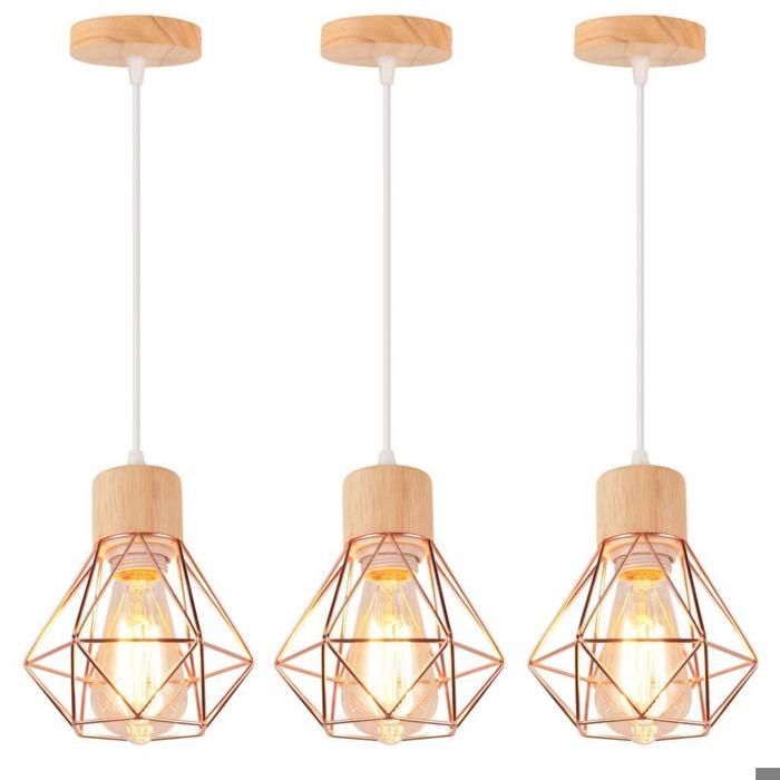 WOTTES Suspension Luminaire Vintage Industrielle Lustre Abat-jour en Métal et Bois Ø16cm Rétro Or rose Pour Salon Cuisine (3pcs)