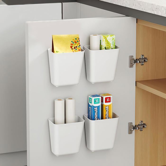 Lot de 4 boîtes de rangement murales autocollantes pour portes de placards de cuisine de salle de bain et de réfrigérateur