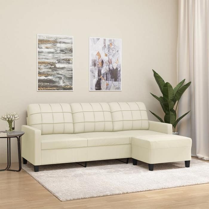 Canapé à 3 places avec repose-pieds - vidaXL - Similicuir - Crème - 198x77x80 cm - Repose-pied inclus