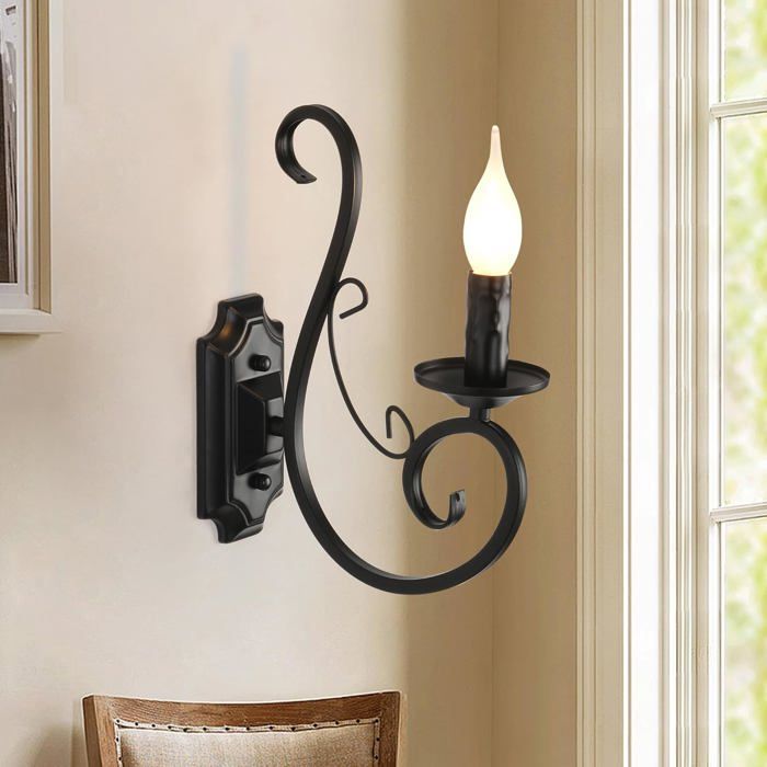 Ganeed Applique murale Lampe de chevet Antique Looking Wrought Iron Design Retro Wall Sconces pour E14 Noir 1 Lumière (2 paquets)