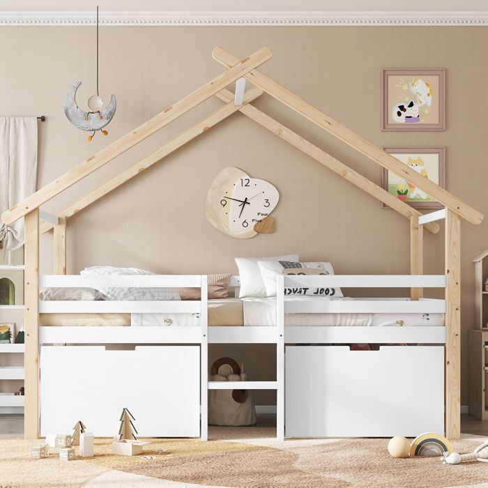 Lit mezzanine enfant 90×200cm équipé de 2 tiroirs de rangement avec protection de sécurité garde-corps lit simple blanc