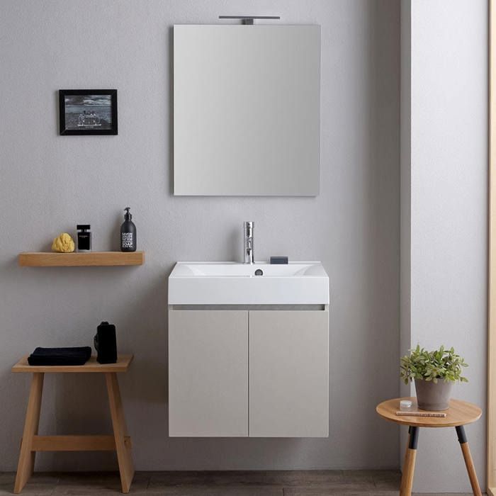 Meuble de salle de bains suspendu 60cm portes gris perle lavabo miroir et lampe Valentina
