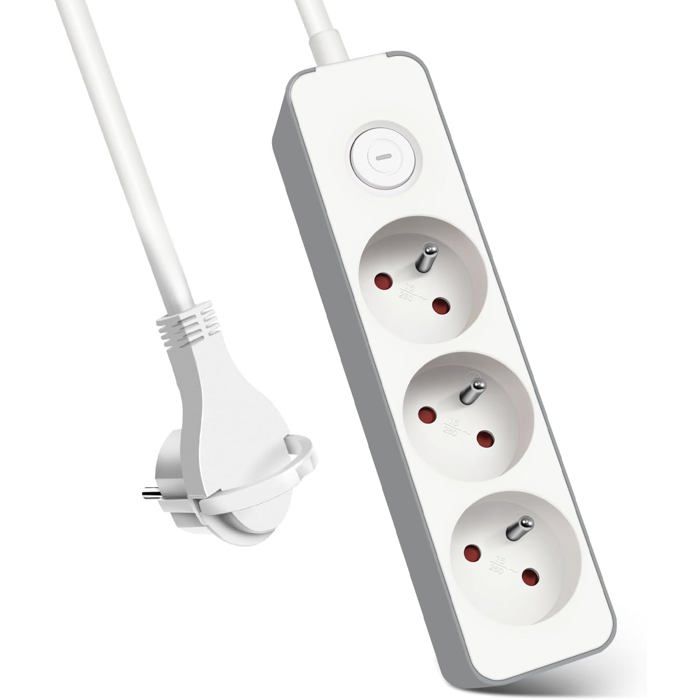 Multiprises 3 Prise avec Interrupteur Fiche Plate Bloc 3 Prises Rallonge 1.5m 230 V avec sécurité Enfant Blanc
