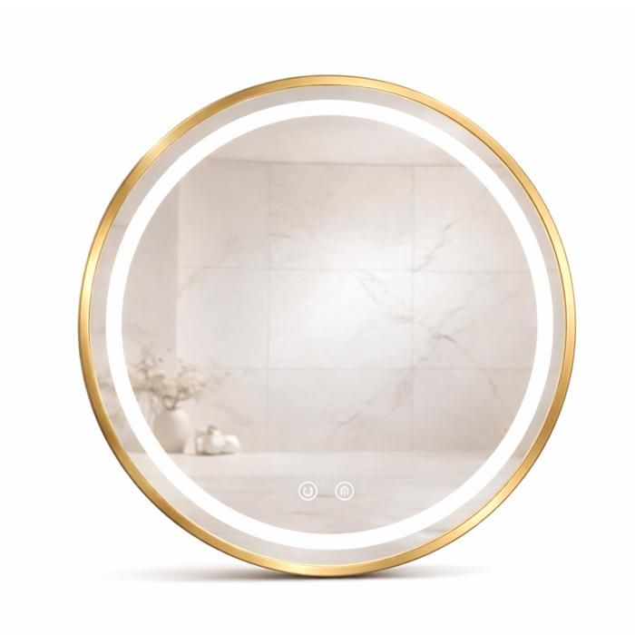 Miroir LED rond - OTITEC - 60x60 cm - Double éclairage LED - Or - Trois températures de lumière - Fonction anti-buée