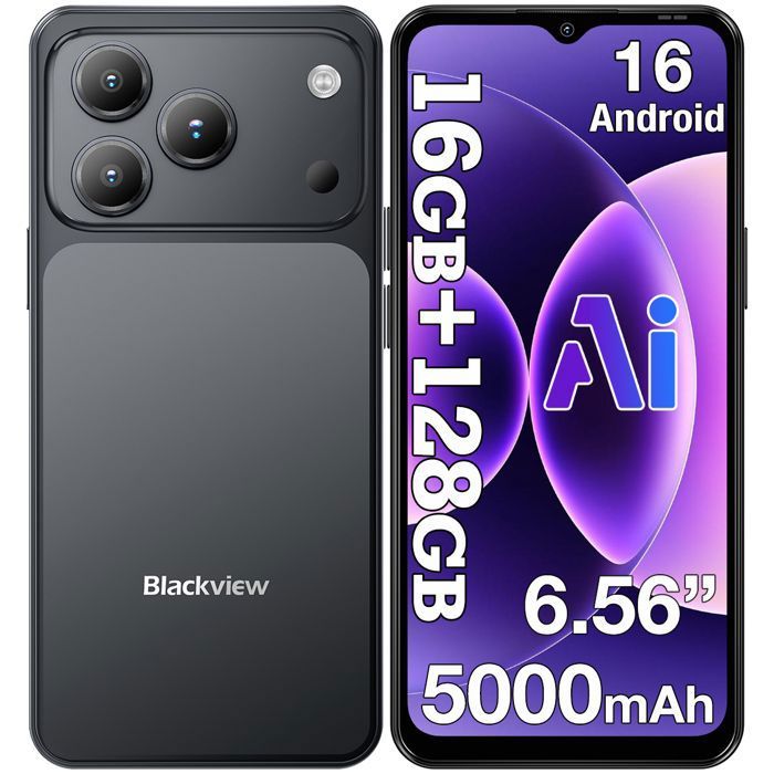 BLACKVIEW WAVE 7C Smartphone 6.56 16Go(4+12) + 128 Go/jusquà 2To 5000mAh Android 16 32MP Téléphone portable 4G Double Sim GPS Noir