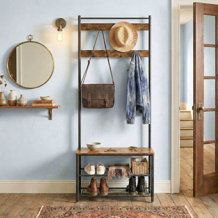Vestiaire 32 x 70 x 175 cm Vestiaire avec Banc de Rangement pour Chaussures Style Industriel Marron et Noir