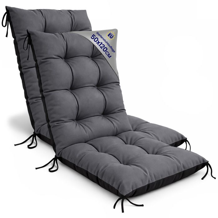 Coussin Chaise Jardin Dossier Haut Set: 2x 50x120 cm - Matelas Siege Extérieur Mobilier Confort Imperméable Graphite