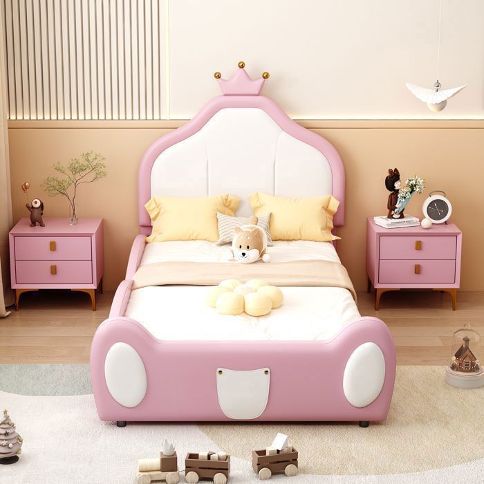 Lit Enfant fille 90x200cm - Lit rembourré - Tête Couronne PU Blanc et Rose - Sommier à Lattes Inclus – Sans Matelas - Rose