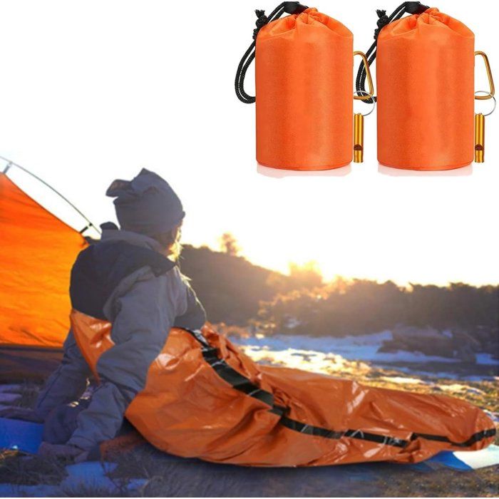 Sac De Couchage De Survie Isotherme Imperméable 210x90 cm Lot De 2 Bivouac Ultraléger Orange Sifflet Mousqueton
