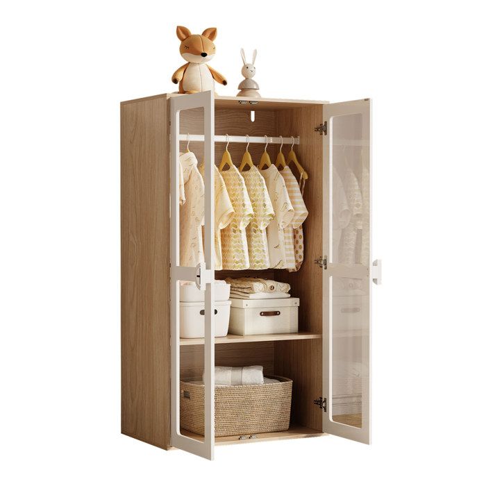 ULEVR Armoire enfant 2 portes avec étagères réglables 80 x 50 x 150 cm - tringle métal acrylique et MDF naturel blanc