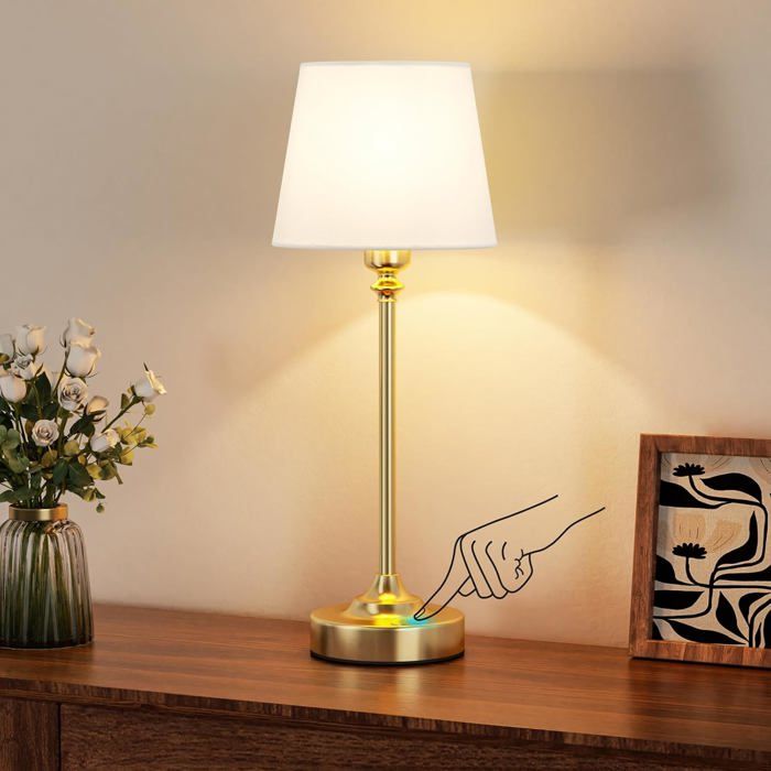 Lampe de Chevet Tactile LED Sans Fil Rechargeable - Variateur Continu Abat-jour Lin Blanc Finition Laiton