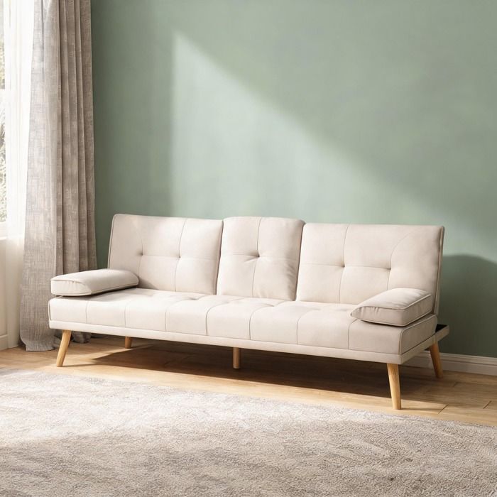 Canapé convertible 3 places en tissu polyester beige design scandinave avec table pliante intégrée 181 cm