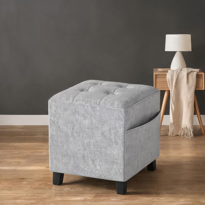 Tabouret carré en tissu effet lin cool gray repose-pieds avec rangement latéral et cadre en bois