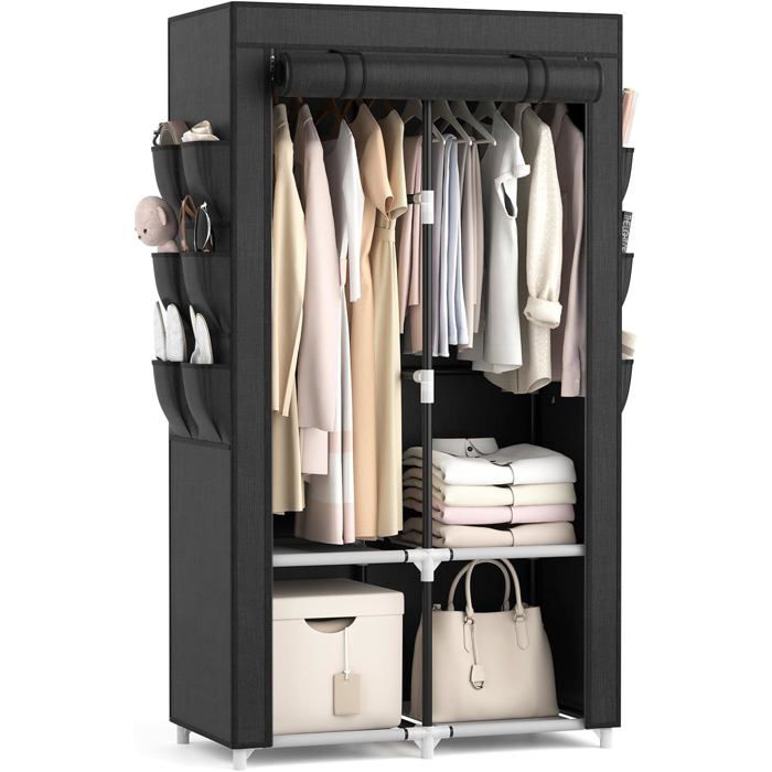 Armoire à vêtements portable - 4 étagères 2 tringles 6 poches - Structure métal 16 mm - Tissu non tissé noir - 90 x 455 x 172 cm