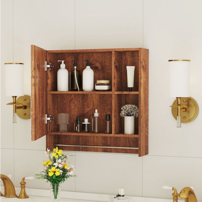 Armoire de Salle de Bain Murale avec Miroir et Étagères Ouvertes - TCQPZ - MDF Coloris Noyer pour Salle de Bain 56×13×55 cm
