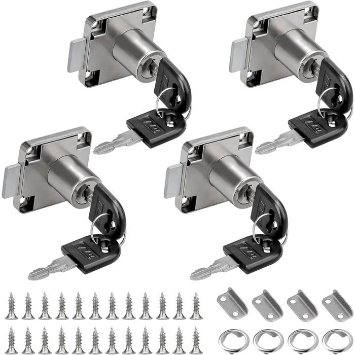 Serrure de tiroir pour meuble - lot de 4 - 22 mm avec clé - zinc et acier nickelé - 40 x 40 mm