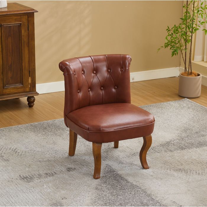 Fauteuil lounge 1 place en cuir marron avec dossier capitonné et pieds en bois massif d’hévéa