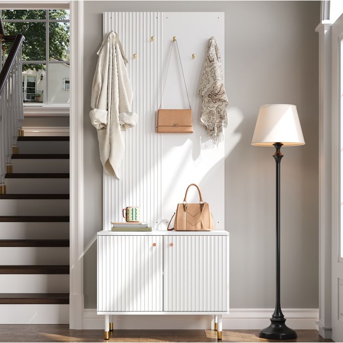 COVREO Meuble dentree vestiaire avec armoire a chaussures 70 x 35 x 180 cm 6 crochets PB MDF blanc
