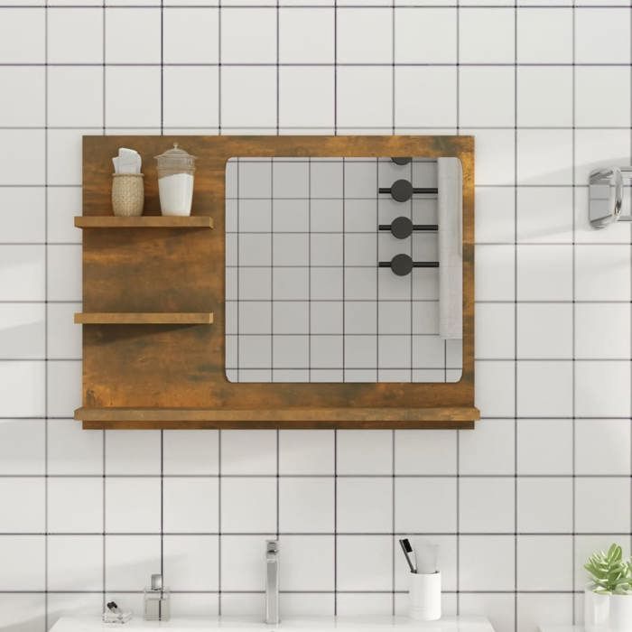 Miroir de Bain - vidaXL - bois dingénierie - chêne fumé - 60 x 10 5 x 45 cm - 3 étagères@duh83w