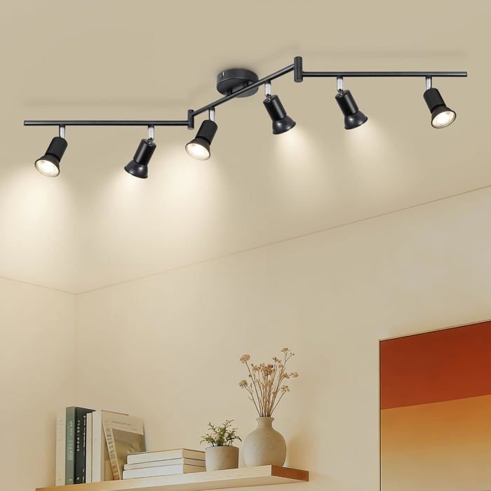 Plafonnier LED 6 spots GU10 orientable - Noir moderne sans ampoule - Cuisine chambre salon couloir