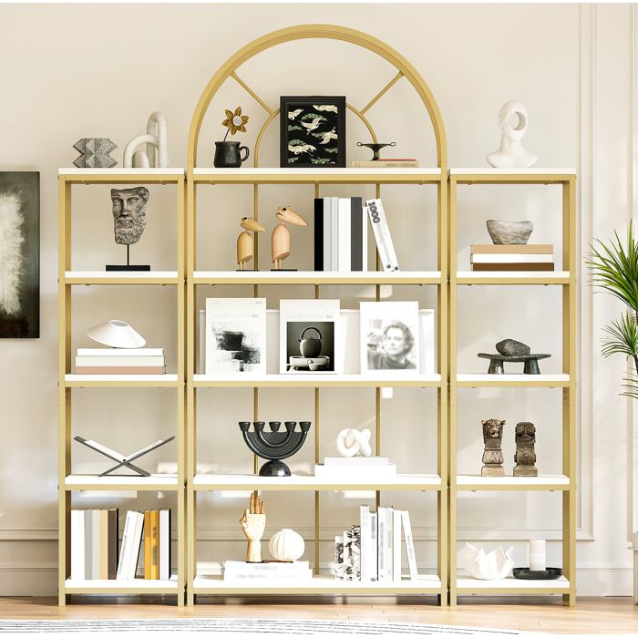Bibliothèque modulable avec 3 éléments et étagères ouvertes - pour salon - en MDF et acier - 163×30×184 cm - or et blanc