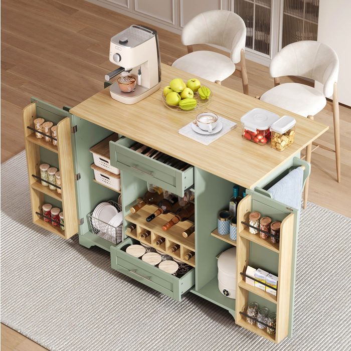 Desserte de Cuisine avec 2 Placards 2 Tiroirs et Plateau Rabattable - en MDF - 138×45/70×92 cm - Vert Antique