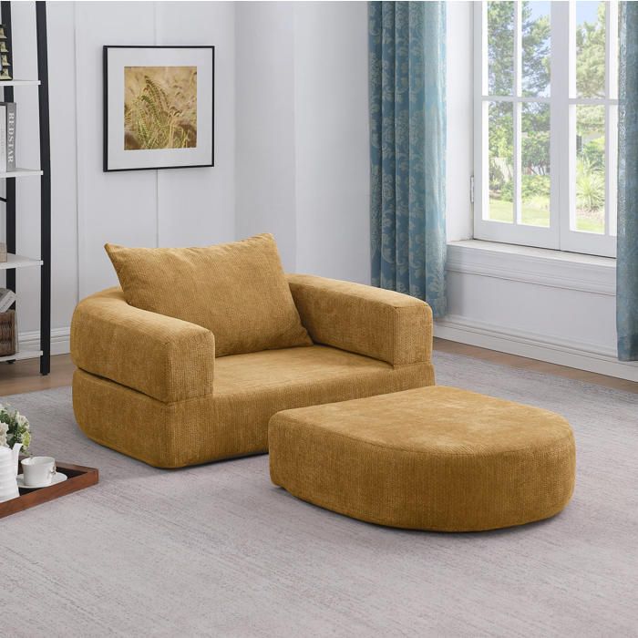 Canapé-lit pliable compressé 1 place jaune matelas de sol convertible en chenille accoudoirs amovibles