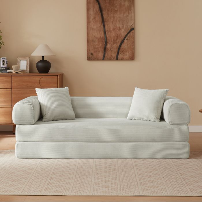 Canape convertible en lit 1 place modulable tatami de sol en velours beige mousse froide sans montage