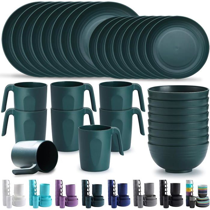 Assiettes Service de Table 32 PCS Service pour 8réutilisable Assiettes légères Tasses Bols 5 Vert Foncé ENSEMBLE USTENSILES
